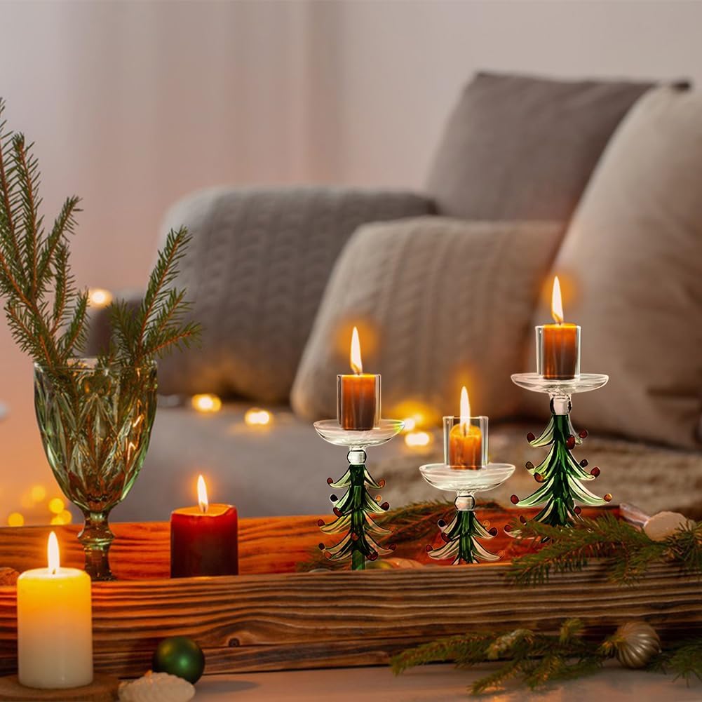 3Pcs Christmas Tree Candle Holder Christmas Taper Candlesticks Holders Green Glass Table Centerpieces Decoration for Xmas Party Wedding Mantel Decor