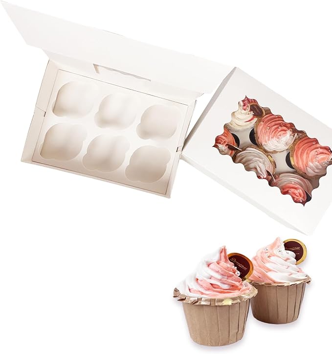 Bakepacker Auto-pop up 6 Cupcake Boxes with Window 20 Count White Box 9.4 x 6.1 x 3 inch Cupcake Carrier