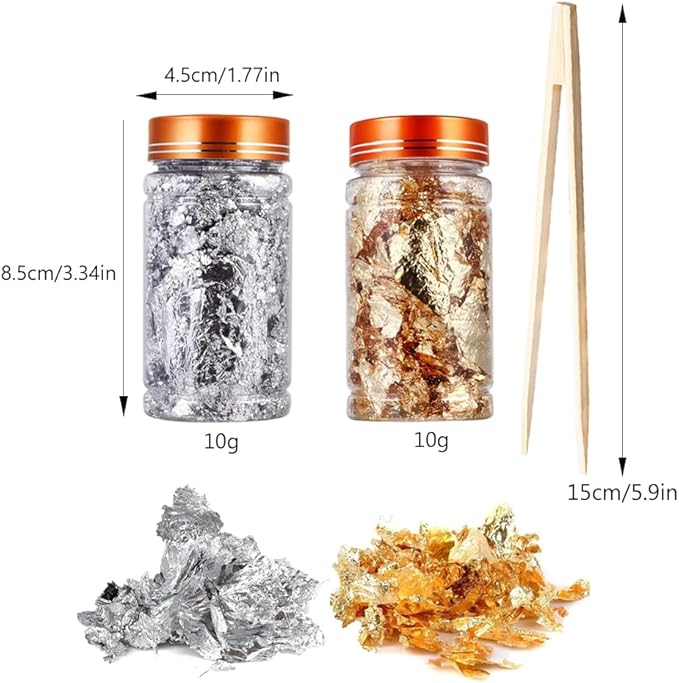 Gold Flakes for Resin, 2 Bottles 10g Imitation Golden Foil Gilding Flake Metallic Leaf for Cake Decoration Chocolate Making Nails Painting Art Crafts with Bamboo Tweezers (Gold, Silver Colors)