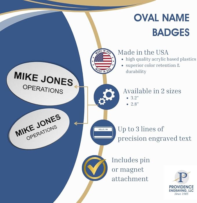 Custom Engraved Name Tag Badges – Personalized Identification with Pin or Magnetic Backing, 3.2 Inch Oval, European Gold/Black
