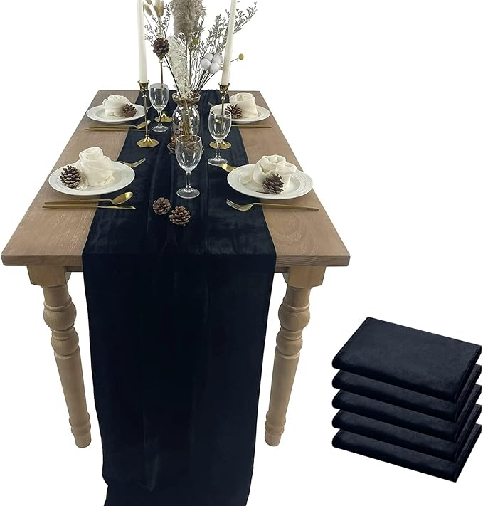 Luxurious Velvet Table Runner, 10ft Wedding Reception Decorations, 20x120inch Soft Velvet Fabric, Table Linen Overlay, Wedding Table Runners (Black, 20X120inch, 5pack)