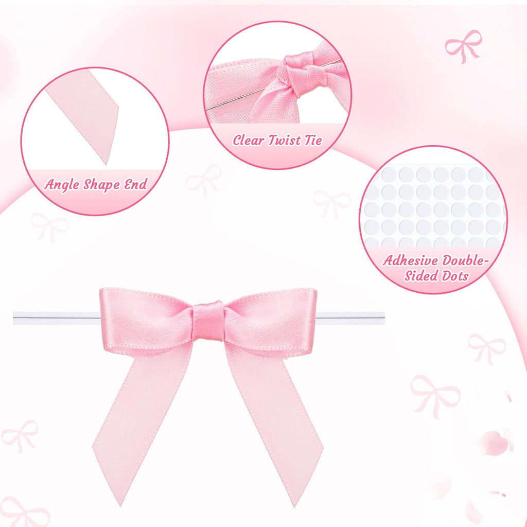 woric 60 PCS Mini Pink Bows 2.5" Premade Twist Tie Bows for Crafts | Pink Satin Ribbon for Treat Bags Cake Baking Gift Wrapping Wedding Birthday Baby Shower Party Favors