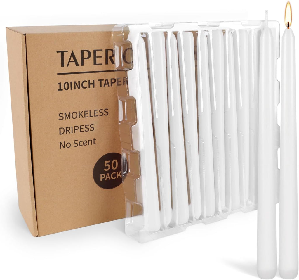 WPONSZU 50 Pack White Taper Candles, 7-8 Hours Burn Time, Unscented, Smokeless and Dripless, 4/5 x 10 Inch for Christmas,Household,Dinner,Wedding,Valentine's Day,Party and Home Décor Candlesticks