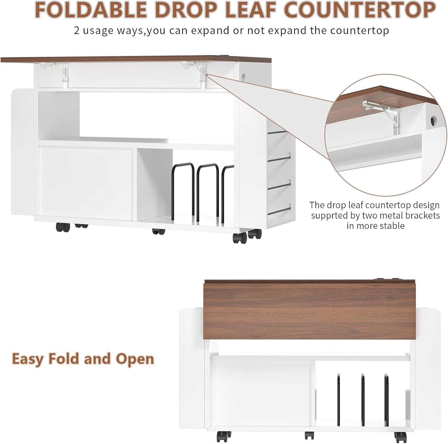 Wrapping Paper Storage Cart with Foldable Drop Leaf, Crafting Table with Power Outlets, Wrapping Paper Organizer with Ribbon & Gift Bag Storage, Rolling Gift Wrap Storage Station