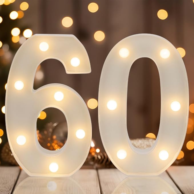 Decorative Led Light Up Numbers, 60th Birthday Decorations, Warm White Led Numbers Lights, Lighted Marquee Number Sign for Sweet 60th Party Decor