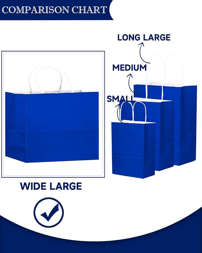 qiqee 100PCS Large Gift Bag with Handles Bulk 13"x4.5"x10" Gift Bags Diamond Blue Multiple Uses (32x11x25cm,Wide Large)