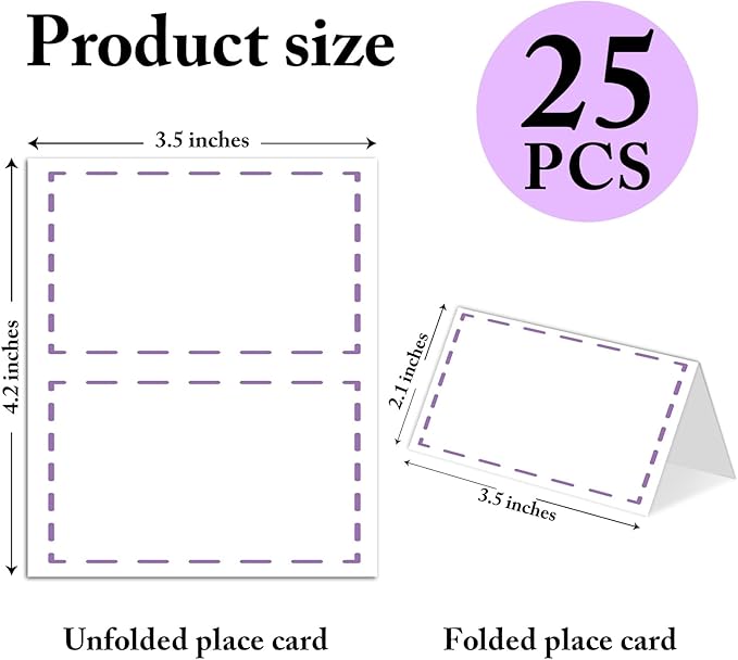 25 Pack Purple Lines Place Cards, Editable Name Cards for Table Setting, Tent Cards Food Label for Dinner Party, Bridal Shower, Wedding, Baby Shower and Events -T19