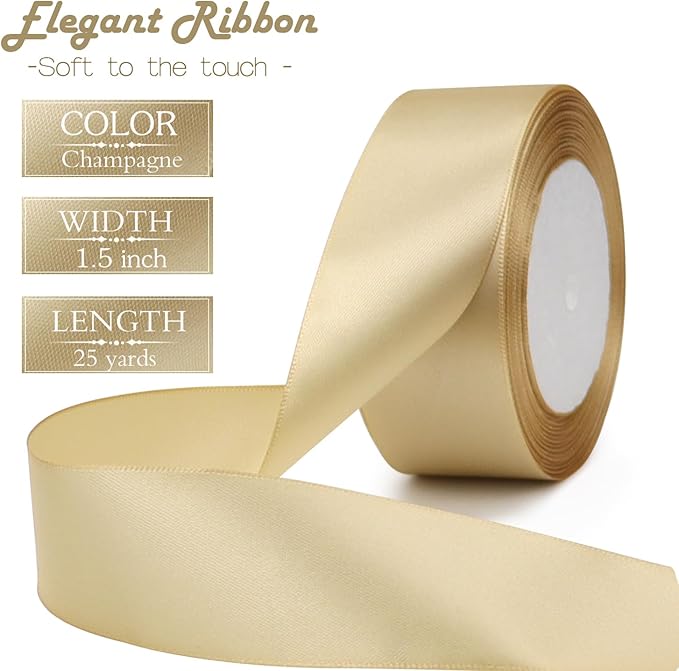 Champagne Solid Satin Ribbon 1-1/2 Inch 25 Yards Solid Polyester Fabric Ribbon for Gift Wrapping Wedding Christmas Baby Shower Birthday Party Decoration Handmade Immortal Flower Craft