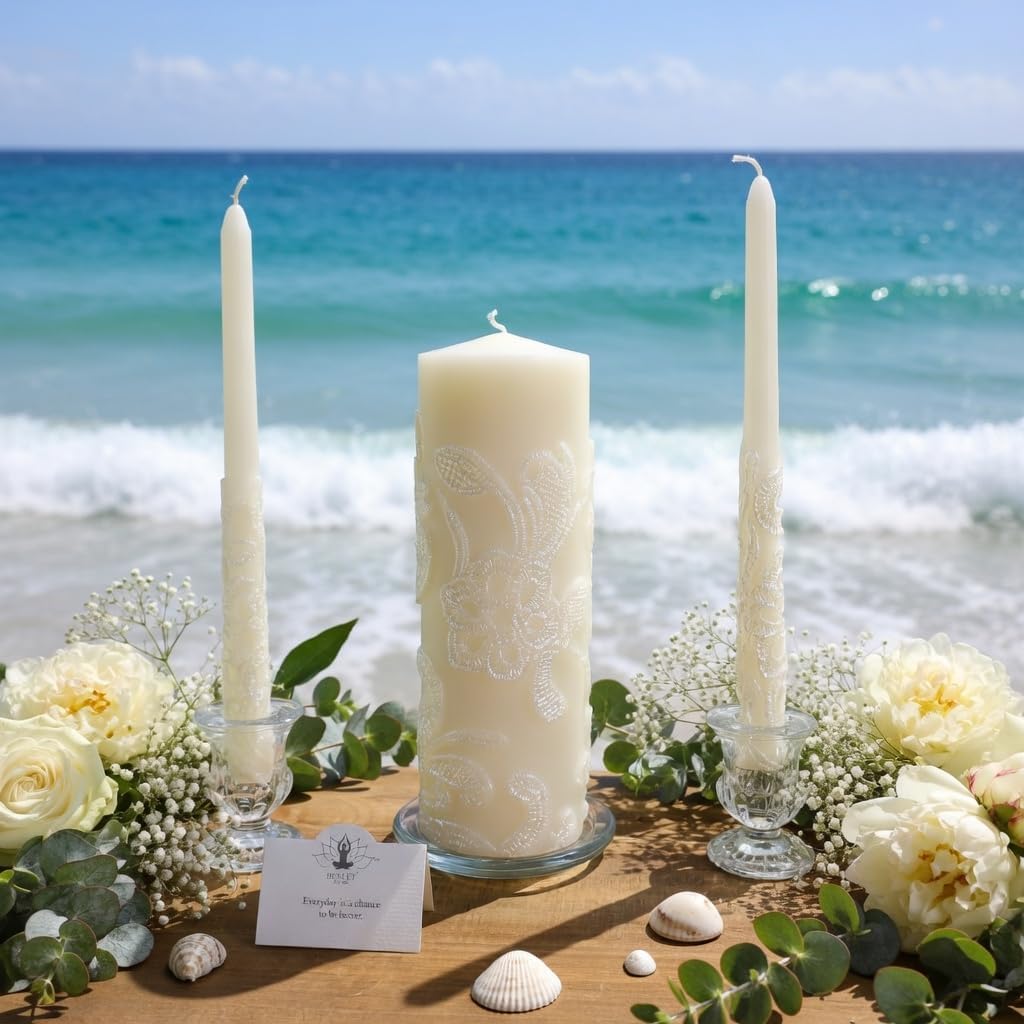 Hosley 11.50 Inch High Cream Wedding Unity Candle Set Includes 1 Pillar and 2 Taper Candles Great for Weddings as Well as Special Events and Emergency Lighting or for Reiki Spa Meditation