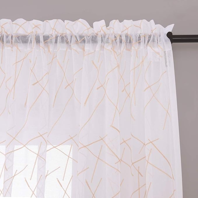 Sheer Beige Curtains 95 Inches Embroidered Branch Patterned Semi Sheer Window Treatments Rod Pocket Voile Curtain Panels for Living room, Bedroom, Yard, Patio, Villa, Parlor, Set of 2, 52"x95".