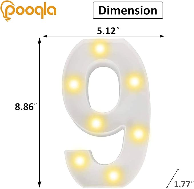 Pooqla Decorative Led Light Up Number Letters, White Plastic Marquee Number Lights Sign Party Wedding Decor Battery Operated Number (9)