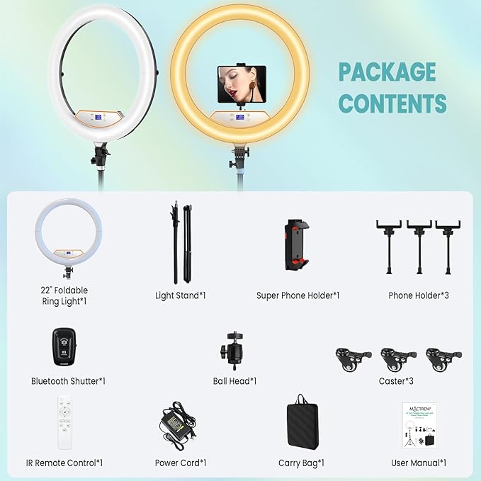 MACTREM 22" Foldable Ring Light with Stand for iPhone ipad, 75" Tripod with Wheels 50W 6500K LED Display/2 USB Ports Large Ringlight Rolling, Tattoo Barber Makeup Studio Video Photography Lighting