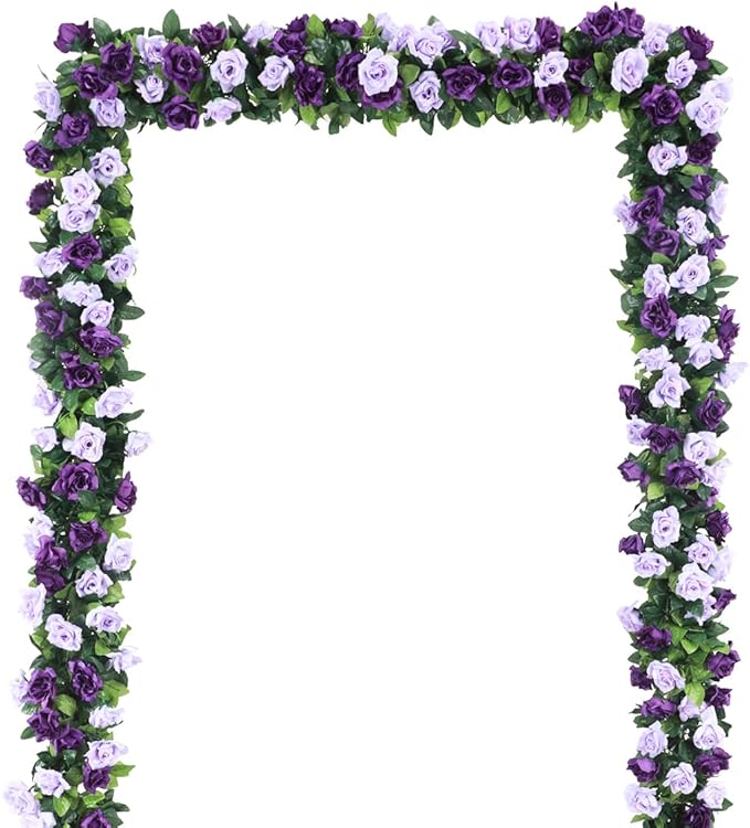 Kisflower 3Pack Artificial Rose Flower Garland, 23.7FT Fake Vines Silk Flowers Hanging Rose Ivy for Wedding Arch Decorations Room Party Home Garden Hotel Office Wall Decor (Purple)