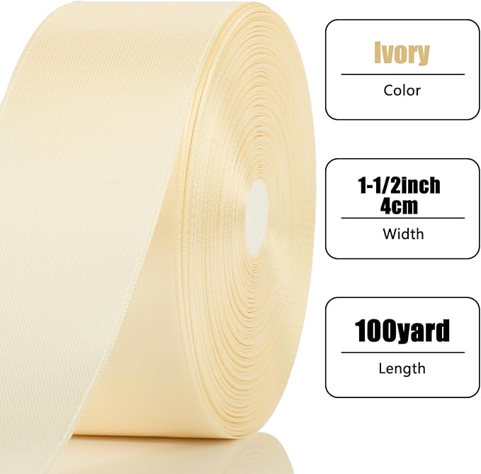 NESCCI 100 Yards Ribbon,1-1/2 Inch Ivory Satin Ribbon,Single Face Satin Ribbons,Perfect for Gift Wrapping,Wedding Decoration,Handmade Bows,Wrapping Bouquet, Halloween, Christmas