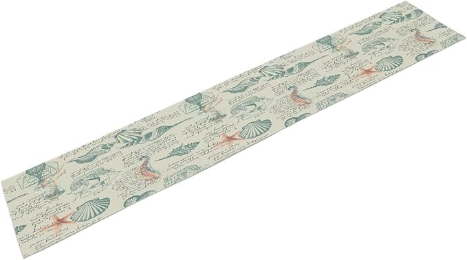 Starfish Table Runner,Seashells Beach Coastal Nautical Sailboat Jellyfish Vintage Hand Drawn Burlap for Hotel Indoors Outdoor Dining Room Kitchen Table Decor, 13x36in
