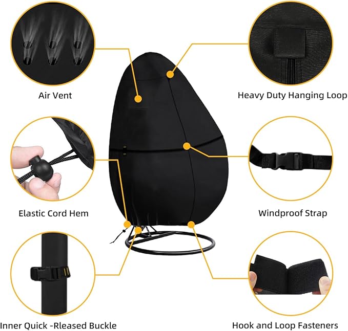 Outdoor Egg Chair Cover Waterproof with Zipper, UV Resistant & Windproof All-Weather Hanging Egg Chair Cover, Fade and Tear Resistant Hanging Chair Covers, 91" x 80", Black