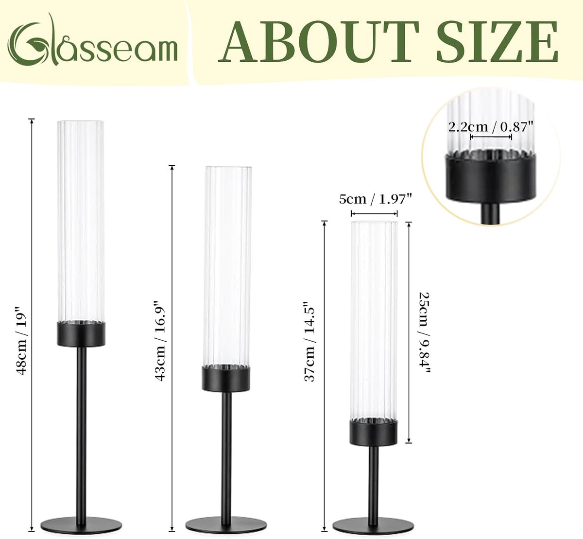 Glasseam Black Candlestick Holders, 6Pcs Fluted Glass Hurricane with Taper