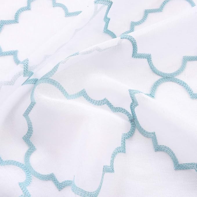Embroidery Sheer Curtains Blue 63 Inch, Rod Pocket Voile Drapes for Living room, Bedroom, Window Treatments Moroccan Embroidery Semi Crinkle Curtain Panels for Yard, Patio, Villa, Set of 2, 52"x 63".