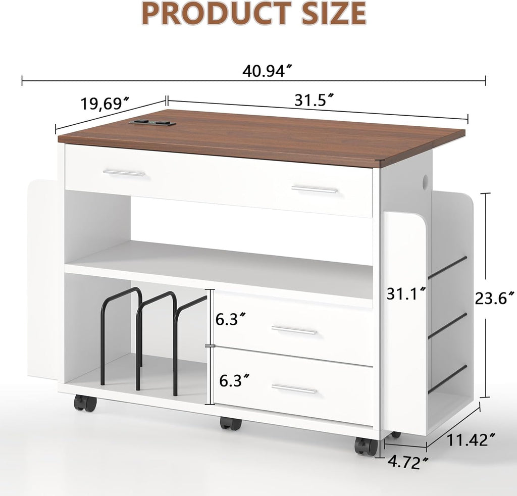 Wrapping Paper Storage Cart with Foldable Drop Leaf, Crafting Table with Power Outlets, Wrapping Paper Organizer with Ribbon & Gift Bag Storage, Rolling Gift Wrap Storage Station