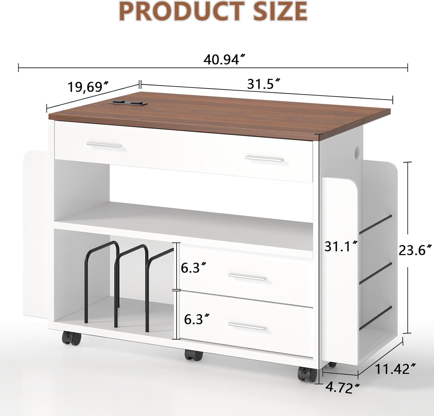 Wrapping Paper Storage Cart with Foldable Drop Leaf, Crafting Table with Power Outlets, Wrapping Paper Organizer with Ribbon & Gift Bag Storage, Rolling Gift Wrap Storage Station