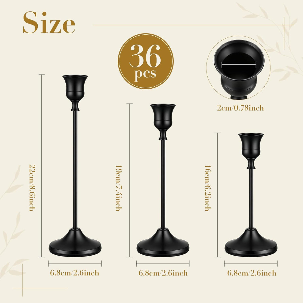 36 PCS Black Metal Taper Candle Holders Set,Brass Vintage Metal Candlestick