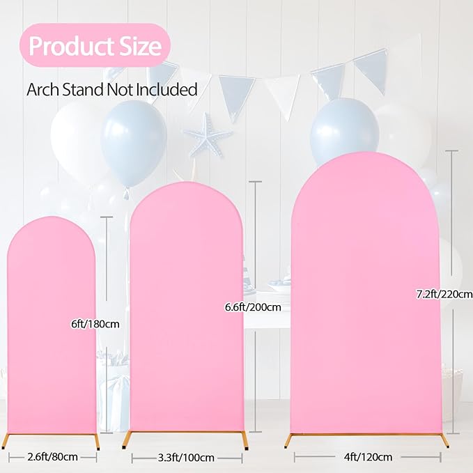 WEERRW Wedding Arch Cover Pink Spandex Fitted Set of 3 Balloon Arch Stand Covers Round Top Chiara Stretchy Backdrop for Birthday Party Baby Shower Banquet Decoration (6FT, 6.6FT, 7.2FT)