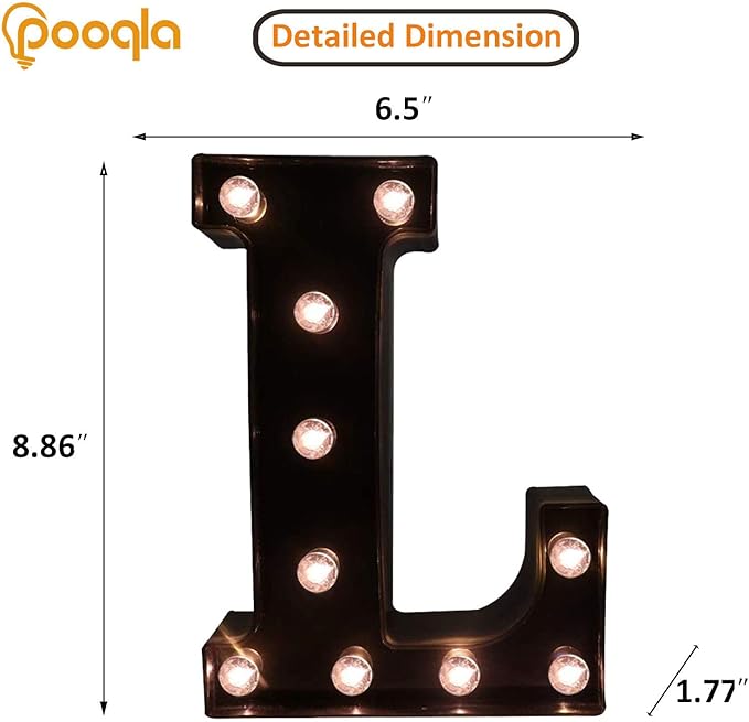 Pooqla Decorative LED Illuminated Letter Marquee Sign - Alphabet Marquee Letters with Lights for Wedding Birthday Party Christmas Night Light Lamp Home Bar Decoration L, Black