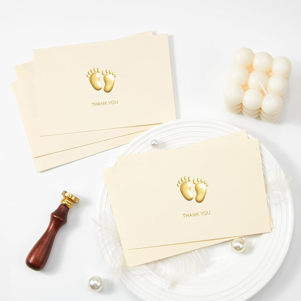 Crisky Embossed Footprint Baby Shower Thank You Cards 50-Pack 4x6 Inch - Heavy 300gsm Cardstock with Gold Foil Envelopes & Stickers for Baby Shower/Birthday