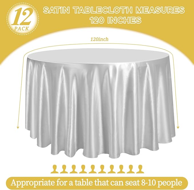 12 Pack 120 Inch Silver Satin Tablecloth - Premium Bright Silky Round Tablecloth Overlay Smooth Fabric Table Cover, Table Decoration for Wedding Party Banquet Events Restaurant Kitchen Dining