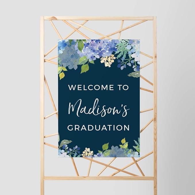 Andaz Press Personalized Extra Large Wedding Easel Board Party Sign, 12x18-inch, Baby Blue Hydrangea Floral Flowers on Navy Blue, Your Text Here, 1-Pack, Custom