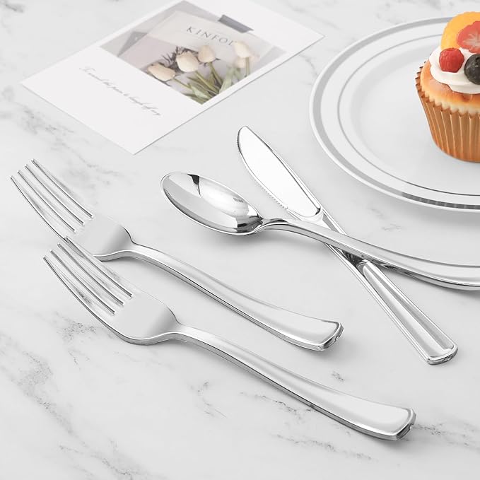 BESTVIP 100 Pack Pre Rolled Silver Plastic Silverware Set, Disposable Wrapped Cutlery Set with 100 Napkins, 100 Knives, 100 Forks and 100 Spoons for Party, Birthday