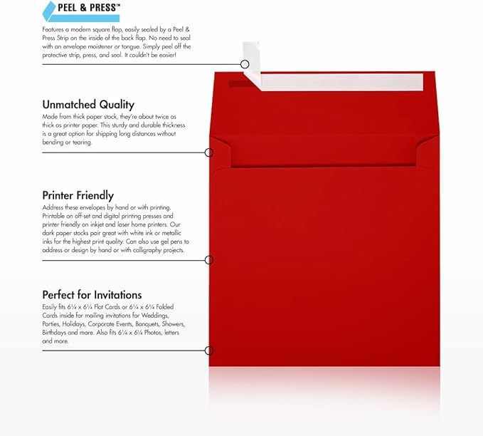 LUXPaper Square Invitation Envelopes | Peel & Press | 6 1/2" x 6 1/2" | Holiday Red | 60lb. Text | 50 Qty