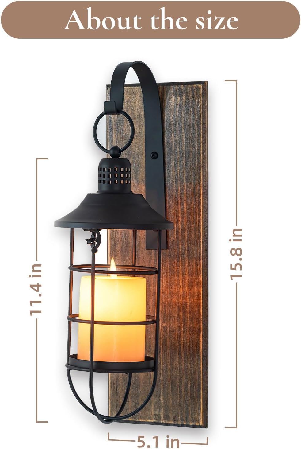 Wall Candle Sconce with Black Lantern, Set of 2 Farmhouse Decor | Candle holders with Distressed Wood Boards, for Front Porch, Living Room, Dining Room, Bedroom or TV wall