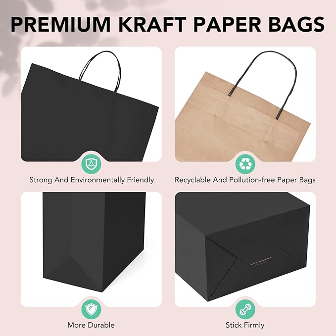 METRONIC 25 Pack Large Black Paper Gift Bags 16X6X12 Inches, Shopping Kraft Paper Bag with Handles, Small Business, Boutique, Gift Wrap, Bulk