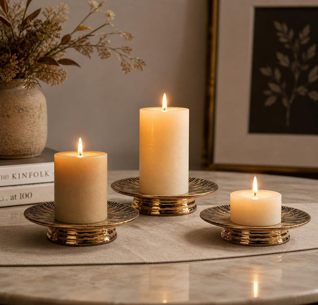 Ceramic Bronze Candle Plate Set, 3-Piece – Decorative Candle Holder Tray for Pillar Candles, Jewelry, Trinkets or Bathroom Counter – Antique Bronze Finish for Tabletop & Home Décor