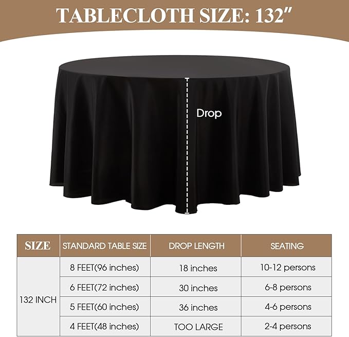 Round Tablecloth 132 Inch 10 Pack Black Tablecloths Washable Decorative Linen Polyester Table Clothes Cover for Dining Table Banquets Buffet Parties and Wedding