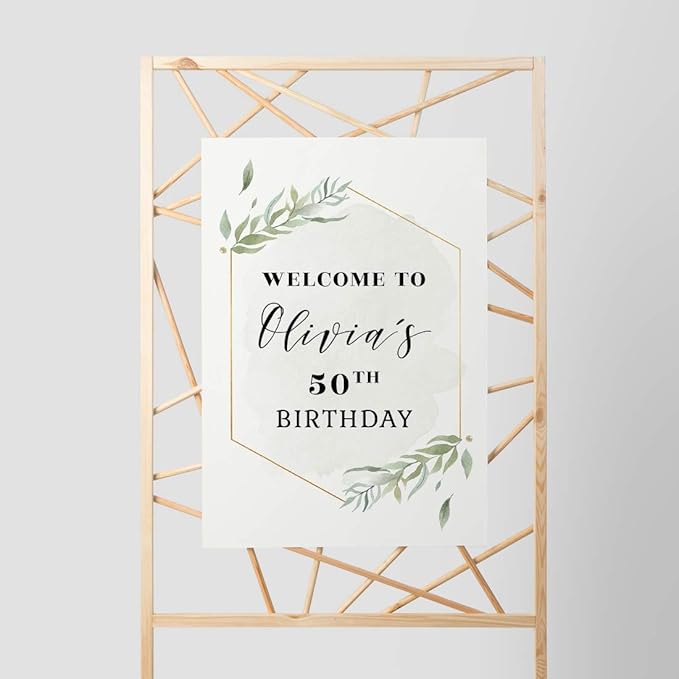 Andaz Press Personalized Extra Large Birthday Easel Board Party Sign, 12x18-inch, Modern Black, Gold with Green Leaves Florals, Welcome to Olivia's 50th Birthday, 1-Pack, Custom Name Age
