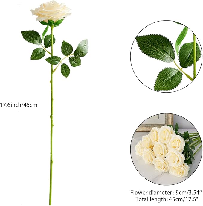 Artificial Rose 10pcs Open Flower Bouquet Faux Rose Stems for Wedding Arrangement, Bridal Bouquet, Centerpiece, Fake Faux Silk Flowers (Ivory)