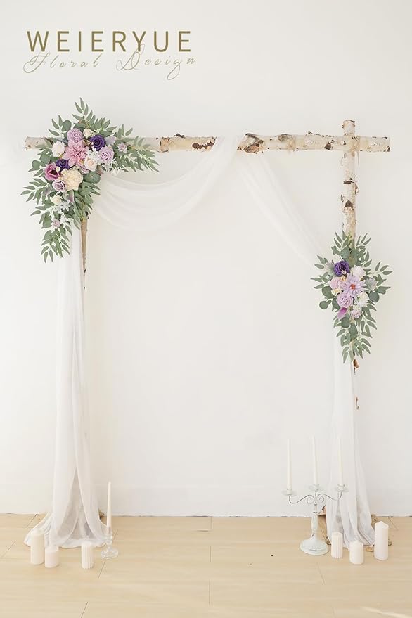 Artificial Wedding Arch Flowers Kit(Pack of 3),2Pcs Artificial Flower Arch Decor,1Pcs Sheer Drape for Wedding Ceremony Arbor for WeddingCeremony (Lavender & Cream)