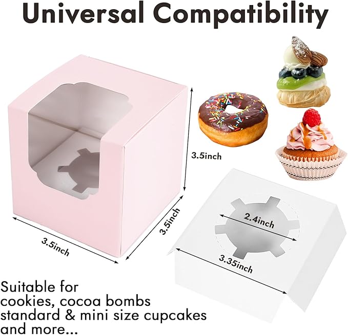 JCD 70 packs Pink Cupcake Boxes Individual Cupcake Container 3.5" x 3.5" x 3.5" Auto-Pop up Single cake Box for Bakery Gift Giving(70 Boxes+70 Inserts) (Pink/70Pcs)