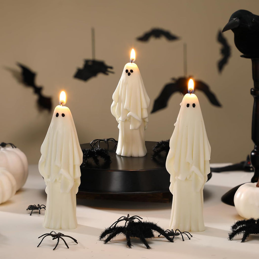 Nuanchu 3 Pcs Halloween Ghost Decor Ghost Candles Gothic Decoration Indoor Gift for Mantel Halloween Table Centerpiece Cute Goth Taper Candle Spooky Tabletop Novelty Party Favor Basket Stuffer