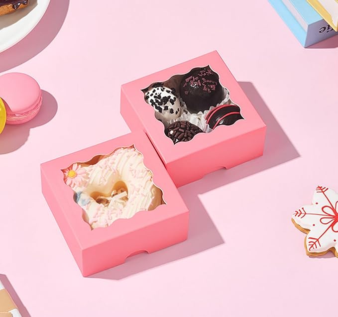 RomanticBaking 3 ¼" x 3 ¼" x 1 ½" 100PCS Chocolate Truffle Boxes for 4，Cookies Boxes Soap Boxes Donut Boxes Macaron Boxes Mini Bakery Boxes with Window Brownie Box