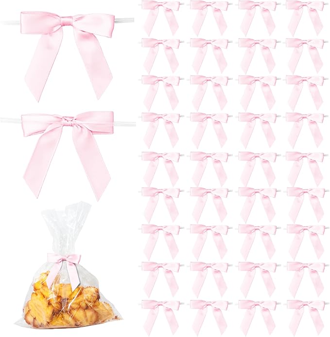 50Pcs Light Pink Twist Tie Bows for Gift Wrapping 2.5" Satin Ribbon Bow for Treat Bags Balloons Birthday Party Favors Wedding Decorations