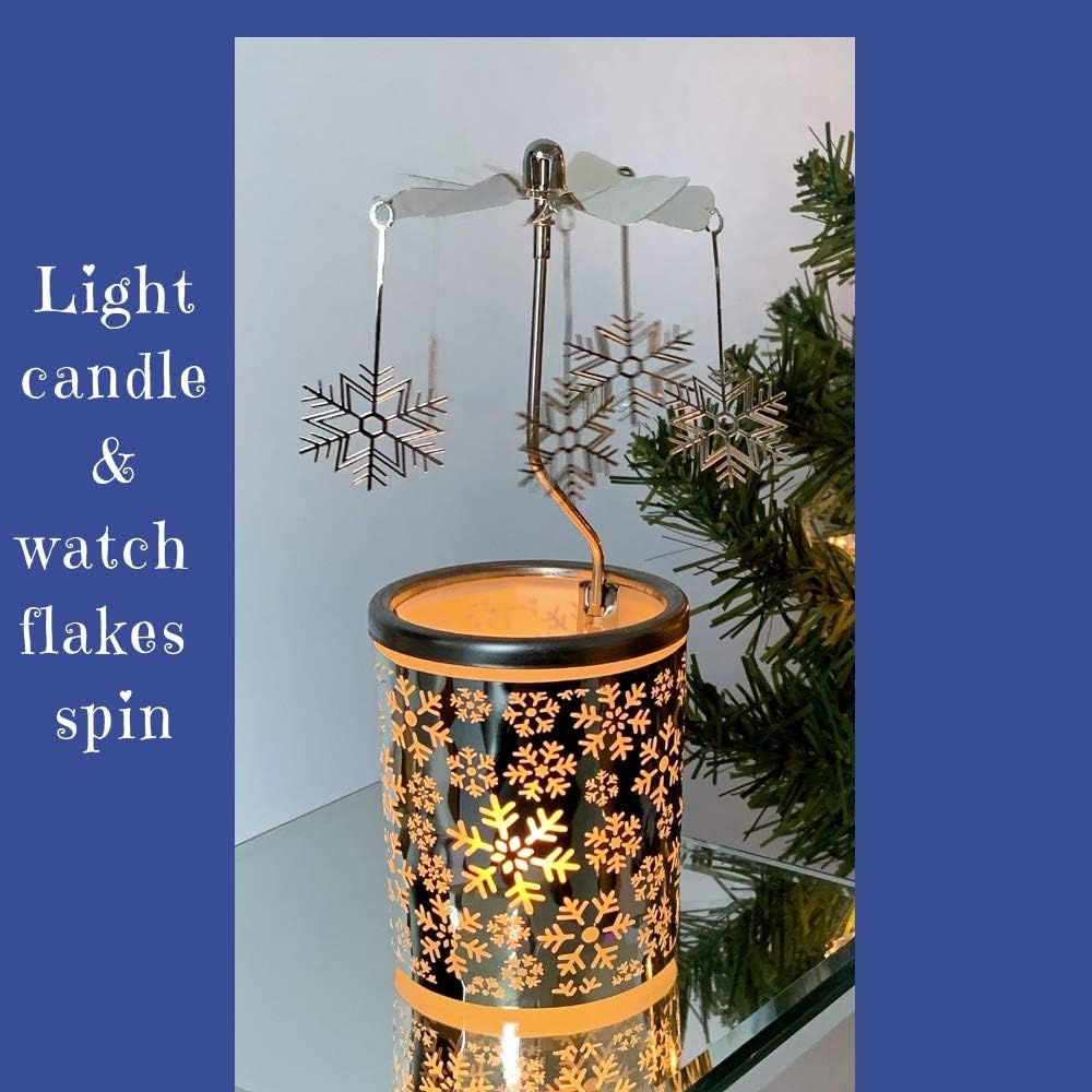 Snowflake Spinning Candle Holder – Rotating Snowflake Charms, Frosted Glass Votive Holder with Laser-Cut Metal Snowflakes – Scandinavian Christmas Table and Mantel Decor – 6.25" H
