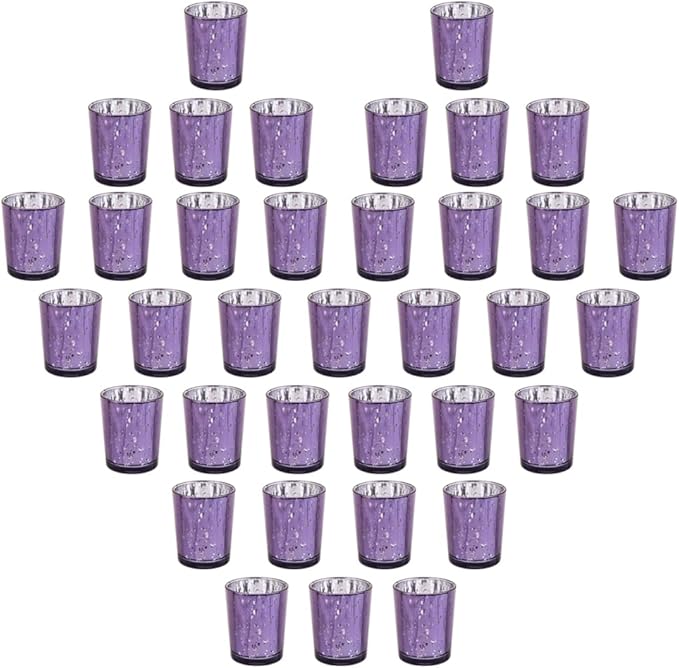 Purple Mercury Glass Tea Light Holders Set of 36 - Elegant Votive Candle Holders for Weddings, Showers and Home Decor - Perfect for Table Centerpieces and Parties (Glass, Purple)