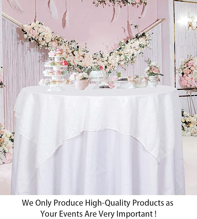 ShinyBeauty Square Tablecloth 72x72-Inch Sequin Tablecloth Overlay White Table Cover Sequined Table Cloths for Wedding White Shimmer Linen Square-Overlay for Cocktail/Cake/Dessert