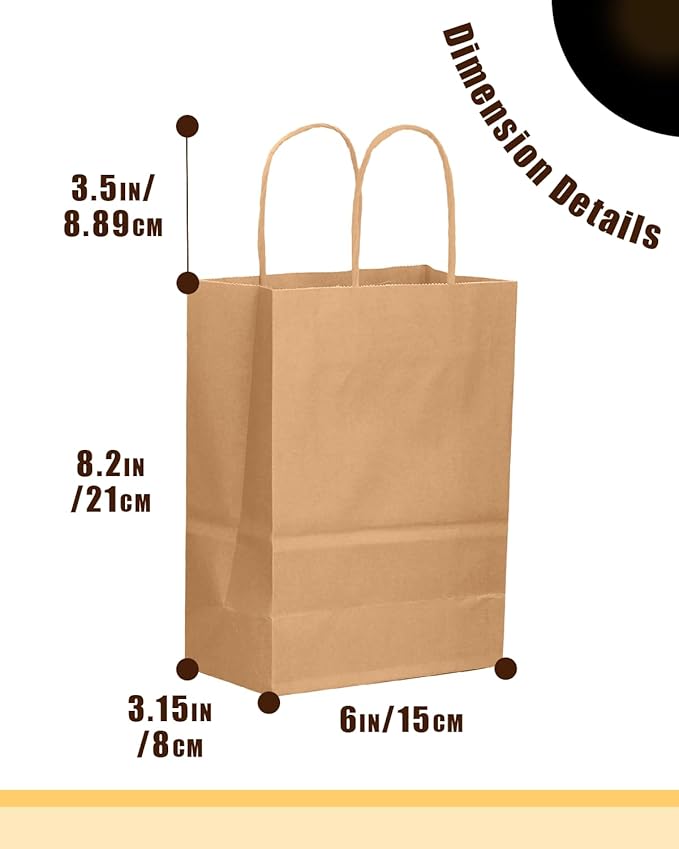 qiqee 100-Packs Brown Paper Gift Bags with Handles Bulk 8.26"×6"×3.15" Small Size Gift Bags Multiple Uses