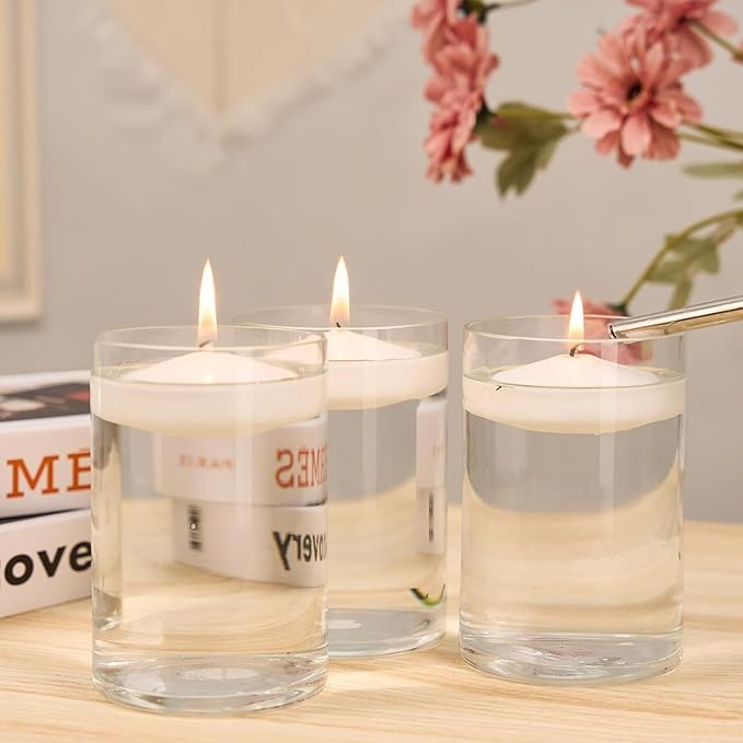 10 Hour Floating Candles, 3'' White Unscented Dripless Wax Discs, for Cylinder Vases, Centerpieces at Wedding, Party, Pool, Holiday (24 Set)