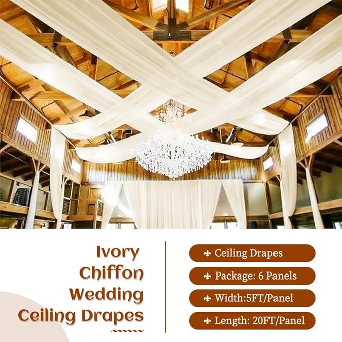 6 Panels Ivory Ceiling Drapes 5ftx20ft Wedding Ceiling Drapes Chiffon Fabric Arch Draping Sheer Curtains Soft Drapery Draping Wedding Ceiling Decorations for Party Ceremony Stage Swag