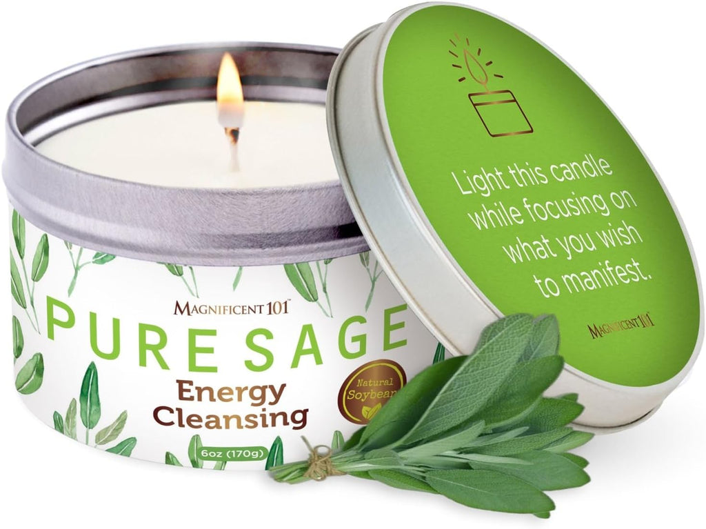 Magnificent 101 Long Lasting Pure Sage Candle - 6 Oz - 35 Hour Burn Time - Organic, All Natural, Soy Wax Candle for Energy Cleansing & Calm, Soothe - Spiritual